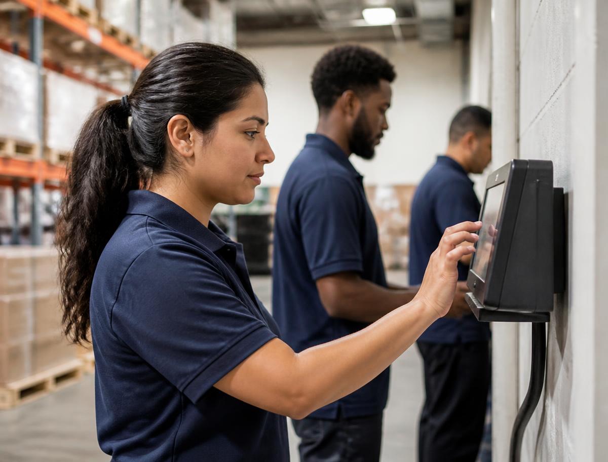 Frontline employees using a workplace time clock